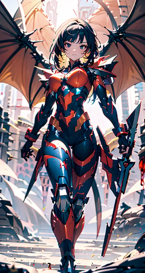 Best quality, masterpiece, ultra high res, 1 girl, beautiful face, detailed skin, gu, dragon,  black hair, blood, arm guards, looking at viewer, black eyes,, floating hair, orange,cool,Mecha,girl,FaceST1