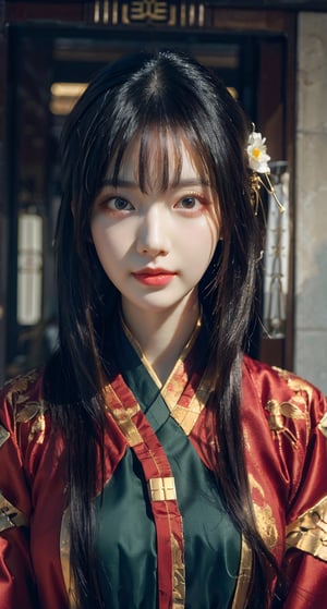 Best quality, masterpiece, ultra high res, 1 girl, beautiful face, detailed skin, looking at the viewer, black eyes, floating hair, slender, Chinese, black hair, pale skin,  straight_hair, beautiful, regal, chinese_clothes,  graceful, mid journey portrait,  hanfu, ancient_beautiful, Detailedface, zombie, cosplay costume , 