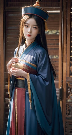 Best quality, masterpiece, ultra high res, 1 girl, beautiful face, detailed skin, looking at the viewer, black eyes, floating hair, slender, Chinese, black hair, pale skin,  straight_hair, beautiful, regal, chinese_clothes,  graceful, mid journey portrait, hanfu,ancient_beautiful,Detailedface,chinse zombie,cosplay costume , zombie,jiangshi