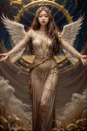 (masterpiece:1.3) , hyperrealistic rendering, (Angelic Celestial Guardian:1.2) , (Heavenly Cloudscape Background:1.1) , (Gossamer Angelic Robes:1.2) , (Serene Guardian Angel Pose:1.1) , (Golden Halo and Feathered Wings:1.2) , (Divine Graceful Movements Pose:1.1) , (Radiant Angelic Detailing:1.2) , (Celestial Harmony Atmosphere:1.1) , (Angelic Beauty Essence:1.2) , (Fantasy Film Goddess Showcase:1.1) , 35mm photograph, film, bokeh, professional, 4k, highly detailed