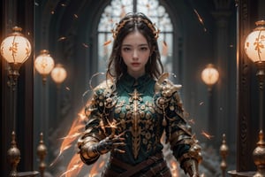 best quality, masterpiece, beautiful and aesthetic, 16K, (HDR:1.4),  cinematic lighting, ambient lighting, warm light, sidelighting, Exquisite details and textures, cinematic shot,  fantasy landscape, temple,  fireflies,knight,armor,1girl,1 girl