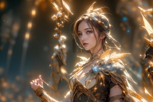 best quality, masterpiece, beautiful and aesthetic, 16K, (HDR:1.4),  cinematic lighting, ambient lighting, warm light, sidelighting, Exquisite details and textures, cinematic shot,  fantasy landscape, temple inside a large cave,  fireflies,knight,armor,1girl,1 girl