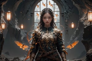 best quality, masterpiece, beautiful and aesthetic, 16K, (HDR:1.4),  cinematic lighting, ambient lighting, warm light, sidelighting, Exquisite details and textures, cinematic shot,  fantasy landscape, temple inside a large cave,  fireflies,knight,armor,1girl,1 girl