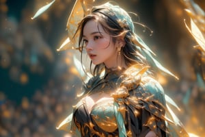 best quality, masterpiece, beautiful and aesthetic, 16K, (HDR:1.4),  cinematic lighting, ambient lighting, warm light, sidelighting, Exquisite details and textures, cinematic shot,  fantasy landscape, temple inside a large cave,  fireflies,knight,armor,1girl,1 girl