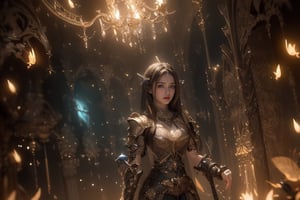 best quality, masterpiece, beautiful and aesthetic, 16K, (HDR:1.4),  cinematic lighting, ambient lighting, warm light, sidelighting, Exquisite details and textures, cinematic shot,  fantasy landscape, temple inside a large crystal cave, bright shining crystal, fireflies,knight,armor,1girl,1 girl