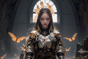 best quality, masterpiece, beautiful and aesthetic, 16K, (HDR:1.4),  cinematic lighting, ambient lighting, warm light, sidelighting, Exquisite details and textures, cinematic shot,  fantasy landscape, temple inside a large cave,  fireflies,knight,armor,1girl,1 girl