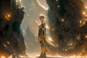 best quality, masterpiece, beautiful and aesthetic, 16K, (HDR:1.4),  cinematic lighting, ambient lighting, warm light, sidelighting, Exquisite details and textures, cinematic shot,  fantasy landscape, temple inside a large cave,  fireflies,knight,armor,1girl,1 girl