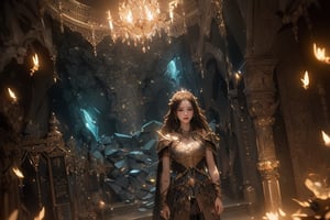 best quality, masterpiece, beautiful and aesthetic, 16K, (HDR:1.4),  cinematic lighting, ambient lighting, warm light, sidelighting, Exquisite details and textures, cinematic shot,  fantasy landscape, temple inside a large crystal cave, bright shining crystal, fireflies,knight,armor,1girl,1 girl