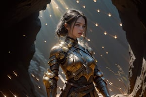 best quality, masterpiece, beautiful and aesthetic, 16K, (HDR:1.4),  cinematic lighting, ambient lighting, warm light, sidelighting, Exquisite details and textures, cinematic shot,  fantasy landscape, temple inside a large cave,  fireflies,knight,armor,1girl,1 girl