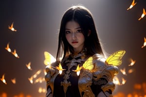 best quality, masterpiece, beautiful and aesthetic, 16K, (HDR:1.4),  cinematic lighting, ambient lighting, warm light, sidelighting, Exquisite details and textures, cinematic shot,  fantasy landscape, temple inside a large cave,  fireflies,knight,armor,1girl,1 girl