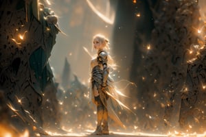 best quality, masterpiece, beautiful and aesthetic, 16K, (HDR:1.4),  cinematic lighting, ambient lighting, warm light, sidelighting, Exquisite details and textures, cinematic shot,  fantasy landscape, temple inside a large cave,  fireflies,knight,armor,1girl,1 girl