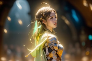 best quality, masterpiece, beautiful and aesthetic, 16K, (HDR:1.4),  cinematic lighting, ambient lighting, warm light, sidelighting, Exquisite details and textures, cinematic shot,  fantasy landscape, temple inside a large cave,  fireflies,knight,armor,1girl,1 girl