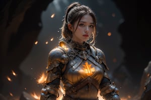 best quality, masterpiece, beautiful and aesthetic, 16K, (HDR:1.4),  cinematic lighting, ambient lighting, warm light, sidelighting, Exquisite details and textures, cinematic shot,  fantasy landscape, temple inside a large cave,  fireflies,knight,armor,1girl,1 girl