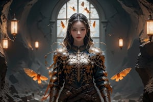 best quality, masterpiece, beautiful and aesthetic, 16K, (HDR:1.4),  cinematic lighting, ambient lighting, warm light, sidelighting, Exquisite details and textures, cinematic shot,  fantasy landscape, temple inside a large cave,  fireflies,knight,armor,1girl,1 girl