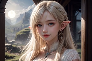 elvish fartasy setting, 1 girl, very bright backlighting, solo, {beautiful and detailed eyes}, medium breasts, round ears, dazzling moonlight, calm expression, natural and soft light, white blonde hair, hair blown by the breeze, very long hair, delicate facial features, Blunt bangs, beautiful elvish girl, eye smile, very small earrings, 16yo, film grain, realhands, shy smile Realism, looking towards me, body towards me, fantasy landscape, fantasy background, friendly setting, elegant, elven world