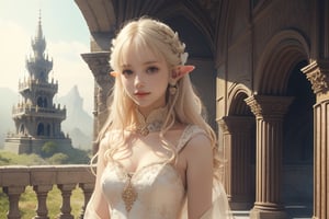 white blonde, elvish girl, round ears, royal dress, ornament dress, half body view, straight camera from front, cowboy photoshoot, eye level shoot, front shoot, 1 elvish girl, large breast, very bright backlighting, solo, {beautiful and detailed eyes}, dazzling light, calm expression, natural and soft light, white blonde hair, hair blown by the breeze, delicate facial features, Blunt bangs, beautiful elvish girl, round ears, eye smile, very small earrings, very young, film grain, realhands, shy smile,Realism, looking towards me, body towards me, fantasy landscape, fantasy background, friendly setting, elegant buildings, elven like buildings, fantays city,  arcs,nodf_lora