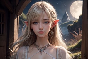 elvish fartasy setting, 1 girl, very bright backlighting, solo, {beautiful and detailed eyes}, medium breasts, round ears, dazzling moonlight, calm expression, natural and soft light, white blonde hair, hair blown by the breeze, very long hair, delicate facial features, Blunt bangs, beautiful elvish girl, eye smile, very small earrings, 16yo, film grain, realhands, shy smile Realism, looking towards me, body towards me, fantasy landscape, fantasy background, friendly setting, elegant, elven world