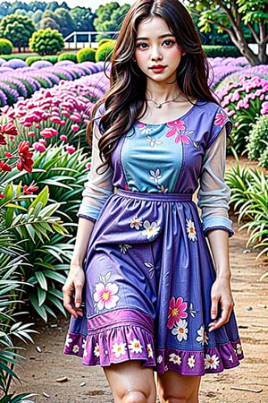 A woman wearing a floral dress and high heels stands in a lavender garden, posing while looking at the audience, 16K, detailed