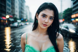 portrait, sexy, natural beauty, dark hair, pinned up hair, shown nec, green eyes, photorealistic,REALISTIC,EveDumon, shown shoulders, short depth of field, blured lights on background, dark light, city light on background, neons, japanese characters, light rain, wet dress, wet skin, city lights reflecting on puddles, small drops, translucent dress, green-eyes 
