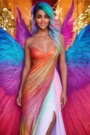 A stunning sexy beautiful 19 year young female with white and pink gradient haircolors). beauty poses confidently in a full-body shot, her radiant skin glowing with an otherworldly sheen. Her complexion is reminiscent of a peacock's vibrant plumage, shimmering with iridescent colors that seem to shift and dance in the light. As if spreading flapping magnificent wings, her arms splay outward, framing her lithe physique and showcasing the mesmerizing play of hues across her skin. Full body. 