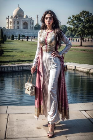 A 20 year old girl salwar suit and high heels standing in  front of Taj mahal, posing while looking at the audience, 16K, detailed