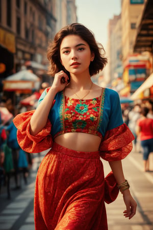 Generate hyper realistic image of a woman as she levitates on the bustling streets of a vibrant city, her vibrant attire and confident stride captivating the attention of passersby, her eyes holding a thousand stories waiting to be told. She is lucid dreaming.