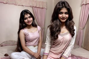 cute Indian girl, 20 year old girl, Indian, brown long hair, house in pink bedroom, sweetheart, Wear whiteTrasperant, white pant, photo realistic, ultra realistic, sexy brown eyes, cute smile, Indian fashion mode, dancing, photo realistic, indian actress,