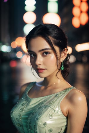 portrait, sexy, natural beauty, dark hair, pinned up hair, shown nec, green eyes, full body closeup, photorealistic,REALISTIC,EveDumon, shown shoulders, short depth of field, blured lights on background, dark light, city light on background, neons, japanese characters, light rain, wet dress, wet skin, city lights reflecting on puddles, small drops, translucent dress, green-eyes 
