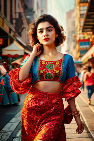 Generate hyper realistic image of a woman as she levitates on the bustling streets of a vibrant city, her vibrant attire and confident stride captivating the attention of passersby, her eyes holding a thousand stories waiting to be told. She is lucid dreaming.