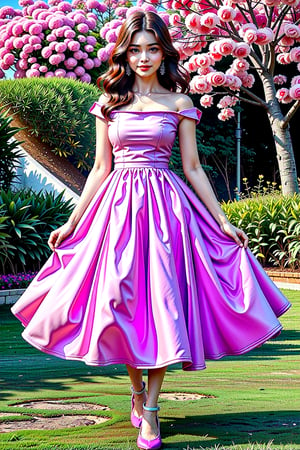 A woman wearing a floral dress and high heels stands in a lavender garden, posing while looking at the audience, 16K, detailed