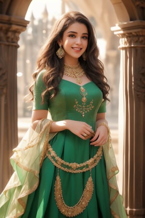 A close-up shot of a girl standing solo, directly addressing the viewer with a warm, genuine smile. Her short, dark hair is styled in a sleek, low ponytail, framing her heart-shaped face. Her brown eyes sparkle as she gazes at the camera, adorned with delicate earrings and a statement necklace. She wears a stunning green dress that hugs her curves, its intricate design catching the light. The realistic cosplay costume exudes elegance and confidence, making the viewer feel like they're having a private conversation with this enchanting beauty.