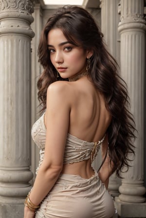 A statuesque beauty posing against a sleek marble pillar. Long, dark hair cascades down her back, adorned with a delicate hair ornament and a sprig of flowers. navel poking out from the curve of her midriff. Brown eyes sparkle with subtle intensity, framed by luscious lashes. A choker necklace wraps around her neck, complemented by dangling earrings and a matching armlet that adds to the overall sense of elegance. The soft focus captures the intricate details of her jewelry, drawing the viewer's gaze to this stunning young woman.