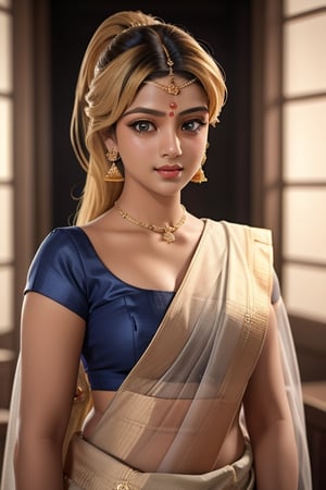 An incredibly beautiful young femme fatale is a golden-haired blonde with two bunches on her head and two long tails, blue-eyed, dressed in a traditional white saree. Masterpiece, perfect image, realistic shots, detailed study of the face, full-length image, 8k, detailed image. extremely detailed illustration, a real masterpiece of the highest quality, with careful drawing. ,sailor moon,indian,serena tsukino,Indian dress,sari,aausagi,Saree