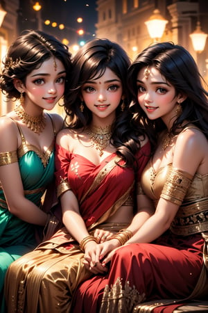 A whimsical scene unfolds: one girl with radiant smile and jet-black hair sits amidst a trio of her friends, each adorned with sparkling jewelry. A delicate necklace glimmers around the smiling girl's neck, while another friend wears a stunning ring on her finger. The group's playful dynamic is captured in a realistic, cinematic framing, with soft lighting highlighting their youthful joy.