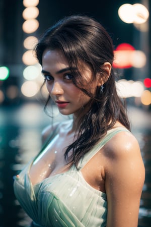 portrait, sexy, natural beauty, dark hair, pinned up hair, shown nec, green eyes, photorealistic,REALISTIC,EveDumon, shown shoulders, short depth of field, blured lights on background, dark light, city light on background, neons, japanese characters, light rain, wet dress, wet skin, city lights reflecting on puddles, small drops, translucent dress, green-eyes 
