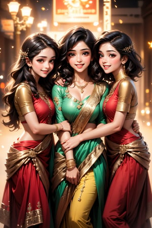 A close-up shot of a girl with striking black hair and a warm, genuine smile. Surrounded by two friends, all three girls sparkle with excitement as they wear matching necklaces featuring shiny rings. In a playful parody of traditional matronly images, the trio exudes youthful energy and joy, set against a realistic background that blends seamlessly with their vibrant atmosphere.