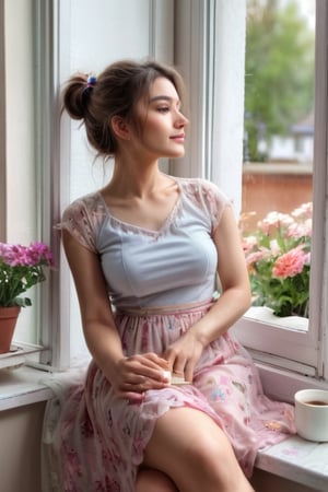 Oil painting, girl leaning against the window sill, resting her chin on the window and looking out the window, wide open window, (outside the window, various flowers are blooming in the flower bed), very delicate and soft lighting, details, Ultra HD, 8k, animated film, girl , holding a coffee cup, sitting on the window sill, holding a cup in both hands, shaking legs,