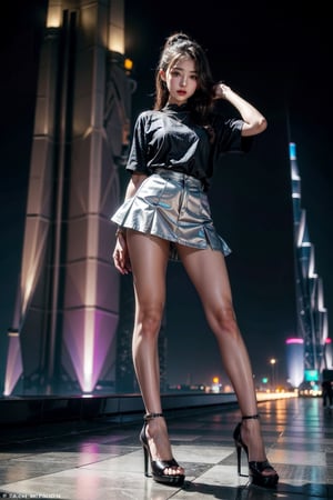 A 20 year old girl wear mini skirt and high heels standing in  front of burj khalifa, posing while looking at the audience, 16K, detailed