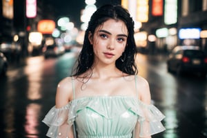 portrait, sexy, natural beauty, dark hair, pinned up hair, shown nec, green eyes, full body closeup, photorealistic,REALISTIC,EveDumon, shown shoulders, short depth of field, blured lights on background, dark light, city light on background, neons, japanese characters, light rain, wet dress, wet skin, city lights reflecting on puddles, small drops, translucent dress, green-eyes 

