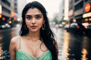 portrait, sexy, natural Indian beauty, dark hair, pinned up hair, shown nec, green eyes, photorealistic,REALISTIC,EveDumon, shown shoulders, short depth of field, blured lights on background, dark light, city light on background, neons, japanese characters, light rain, wet dress, wet skin, city lights reflecting on puddles, small drops, translucent dress, green-eyes, hot looks 
