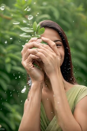 A young Indian Marathi girl, with traditional attire, smiles joyfully as she enjoys the rain during the monsoon season. She stands in a lush, green landscape, with raindrops creating ripples in puddles around her. The scene is framed with soft, diffused lighting, capturing the essence of the rainy weather. Her pose is relaxed and happy, hands outstretched, embracing the refreshing downpour.,Saree