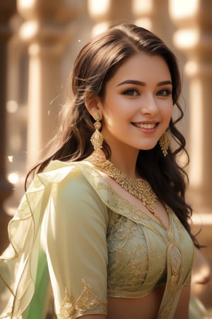 A close-up shot of a girl standing solo, directly addressing the viewer with a warm, genuine smile. Her short, dark hair is styled in a sleek, low ponytail, framing her heart-shaped face. Her brown eyes sparkle as she gazes at the camera, adorned with delicate earrings and a statement necklace. She wears a stunning green dress that hugs her curves, its intricate design catching the light. The realistic cosplay costume exudes elegance and confidence, making the viewer feel like they're having a private conversation with this enchanting beauty.