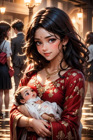 A close-up shot of a smiling girl with striking black hair, surrounded by multiple girlfriends also sporting dark locks. The two girls on either side are adorned in sparkling jewelry, featuring a prominent necklace and rings. In the midst of this playful gathering, one girl tenderly holds a tiny 'baby' doll, as if cradling a precious newborn. The scene is bathed in soft, natural light, with a realistic color palette.