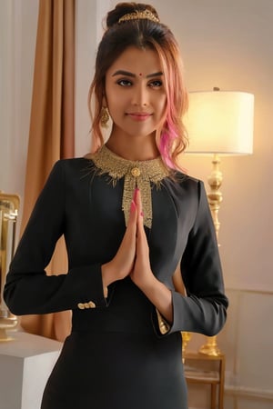 a beautiful indian  girl wearing a black suit and giving a good pose and lighting background in studio and an ai inlfuencer and a colorful hair and pretty face and eyes pretty  more differnet pose