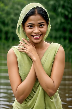 A young Indian Marathi girl, with traditional attire, smiles joyfully as she enjoys the rain during the monsoon season. She stands in a lush, green landscape, with raindrops creating ripples in puddles around her. The scene is framed with soft, diffused lighting, capturing the essence of the rainy weather. Her pose is relaxed and happy, hands outstretched, embracing the refreshing downpour.,Saree