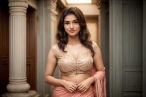 A stunning Indian young girl 21 years old, stands elegantly in her saree, ready to tie the knot. Soft golden light wraps around her, illuminating the intricate embroidery on the fabric. She poses confidently, her hands clasped together in a subtle smile. The vibrant colors of the saree pop against the serene white background, framing her beautiful features. A delicate necklace adorns her neck, adding a touch of sophistication to her already radiant beauty.