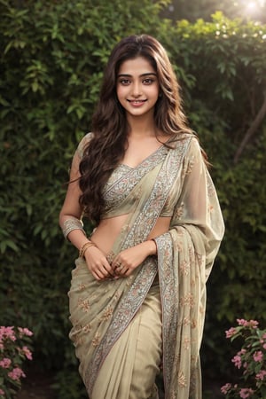 Indian 20 year old girl, Indian, brown long hair, standing in garden, sweetheart, Wear Indian floral saree, glowing fare skin, photo realistic, ultra realistic, sexy brown eyes,, Indian fashion mode, dancing, photo realistic, indian actress, looking camera, feeling happy, cute smile.