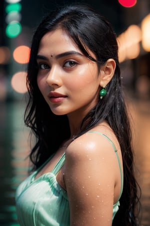 portrait, sexy, natural Indian beauty, dark hair, pinned up hair, shown nec, green eyes, photorealistic,REALISTIC,EveDumon, shown shoulders, short depth of field, blured lights on background, dark light, city light on background, neons, japanese characters, light rain, wet dress, wet skin, city lights reflecting on puddles, small drops, translucent dress, green-eyes, hot looks 
