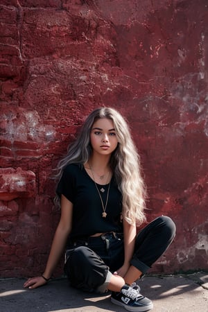 A French girl with long, curly grey-blonde hair sits at a weathered red brick wall adorned with graffiti. She's dressed in all black - a loose-fit top with short sleeves and cargo pants - paired with sleek sneakers. A necklace and earrings add a touch of elegance to her hip-hop dancer-inspired outfit. The camera captures a dynamic composition, with the girl centered and the walls' textures creating depth. Her eyes are beautifully detailed, with sharp focus and a photorealistic finish. Shot from a cowboy-like low angle, the scene exudes a sense of calm sophistication.