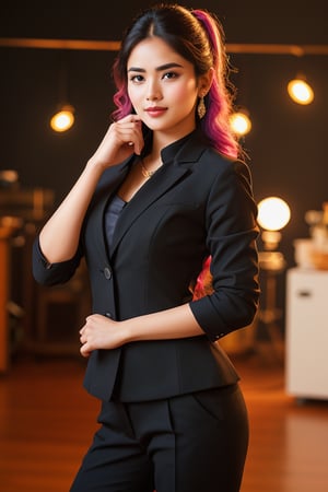 a beautiful indian  girl wearing a black suit and giving a good pose and lighting background in studio and an ai inlfuencer and a colorful hair and pretty face and eyes pretty  more differnet pose